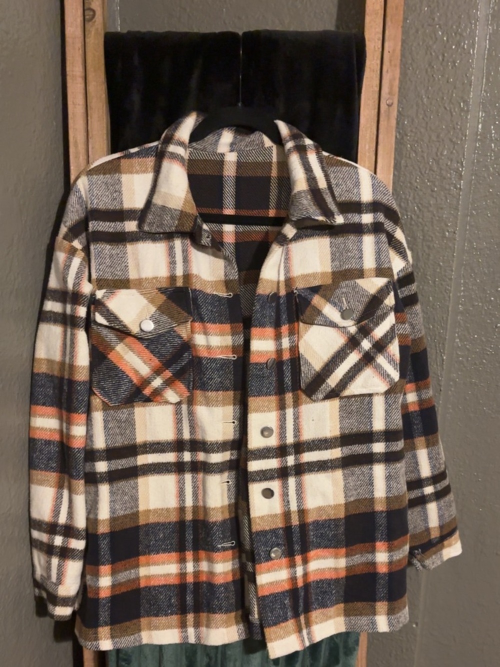 Buckle Plaid Shacket in Navy, Cream & Tan